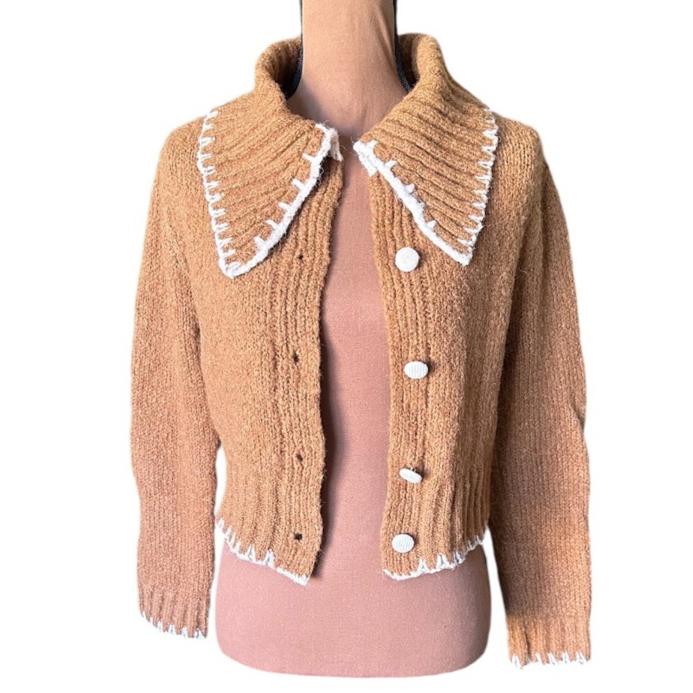 Astr The Label: Womens Brown & White Cropped Long Sleeve Cardigan